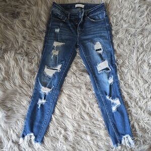 KanCan Distressed Medium Blue Skinny Jeans with Frayed Hem